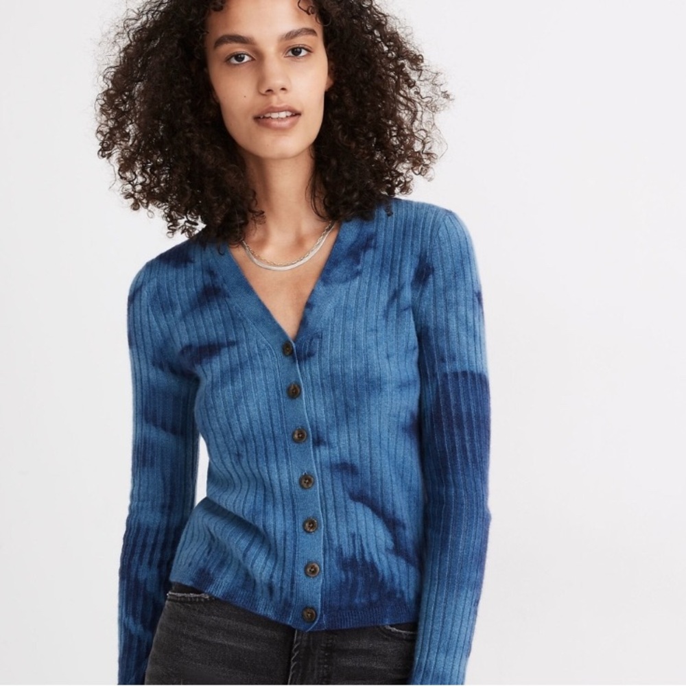 MADEWELL Tie-Dye size XXS 100% Cashmere Ribbed Slim Cardigan Sweater blue navy